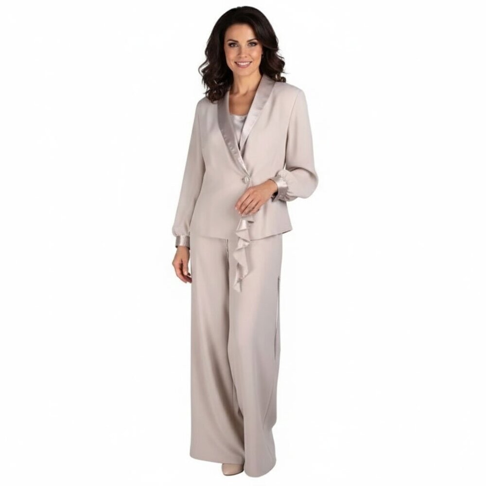 Vintage Laura Petites Pant Suit Jacket Flyaway Satin Chiffon Beige Mother Bride
